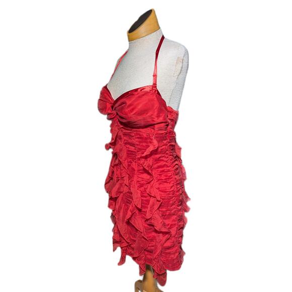 Vtg Y2K Bebe Red Silk Ruched Front Ruffle Detail Open Back Halter Dress Sz 8 - Picture 1 of 5